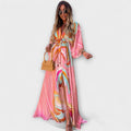Scarlett | Women's Abstract Print V-Neck Drawstring Flowy Maxi Dress