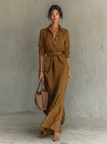Camila | Women's Belted Maxi Long Sleeve Dress Collared Shirt Style