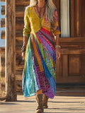 Harper | Women's Boho Patchwork Long-Sleeve V-Neck Midi Dress