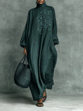 Charlotte | Women's Embroidered Floral High-Neck Linen Maxi Long Sleeve Dress