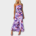 Layla | Women's Floral Mesh Asymmetric-Neck Ruched Maxi Dress