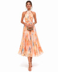 Charlotte | Women's Floral Watercolor Halter Neck Chiffon Midi Dress
