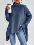 Mia | Women's Oversized Ribbed-Trim Turtleneck Sweater High-Low Hem