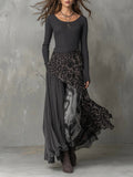 Luna | Women's Ribbed Knit Leopard Print Maxi Long Sleeve Dress Irregular Hem