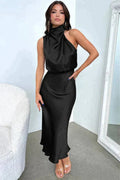 Grace | Women's Satin Halter Neck Midi Cocktail Party Dress