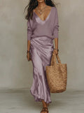 Mia | Women's Satin Midi Long Sleeve Dress Layered Knit Sweater Set