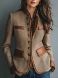 Sophia | Women's Vintage Herringbone Tweed Leather-Trim Button-Front Jacket